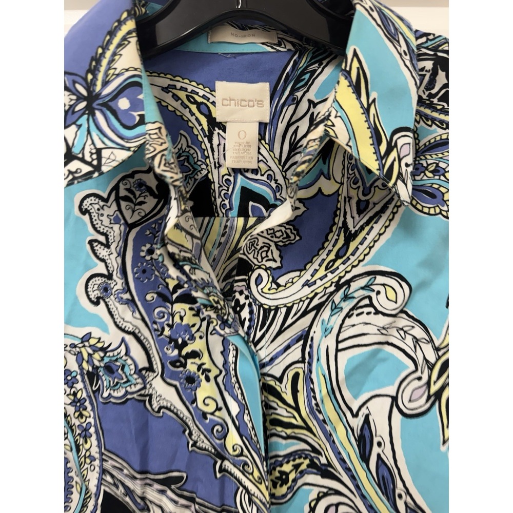 Chicos No‎ Iron Shirt Blouse Button Front Paisley Print Blue Women Size 0 S - Picture 3 of 12